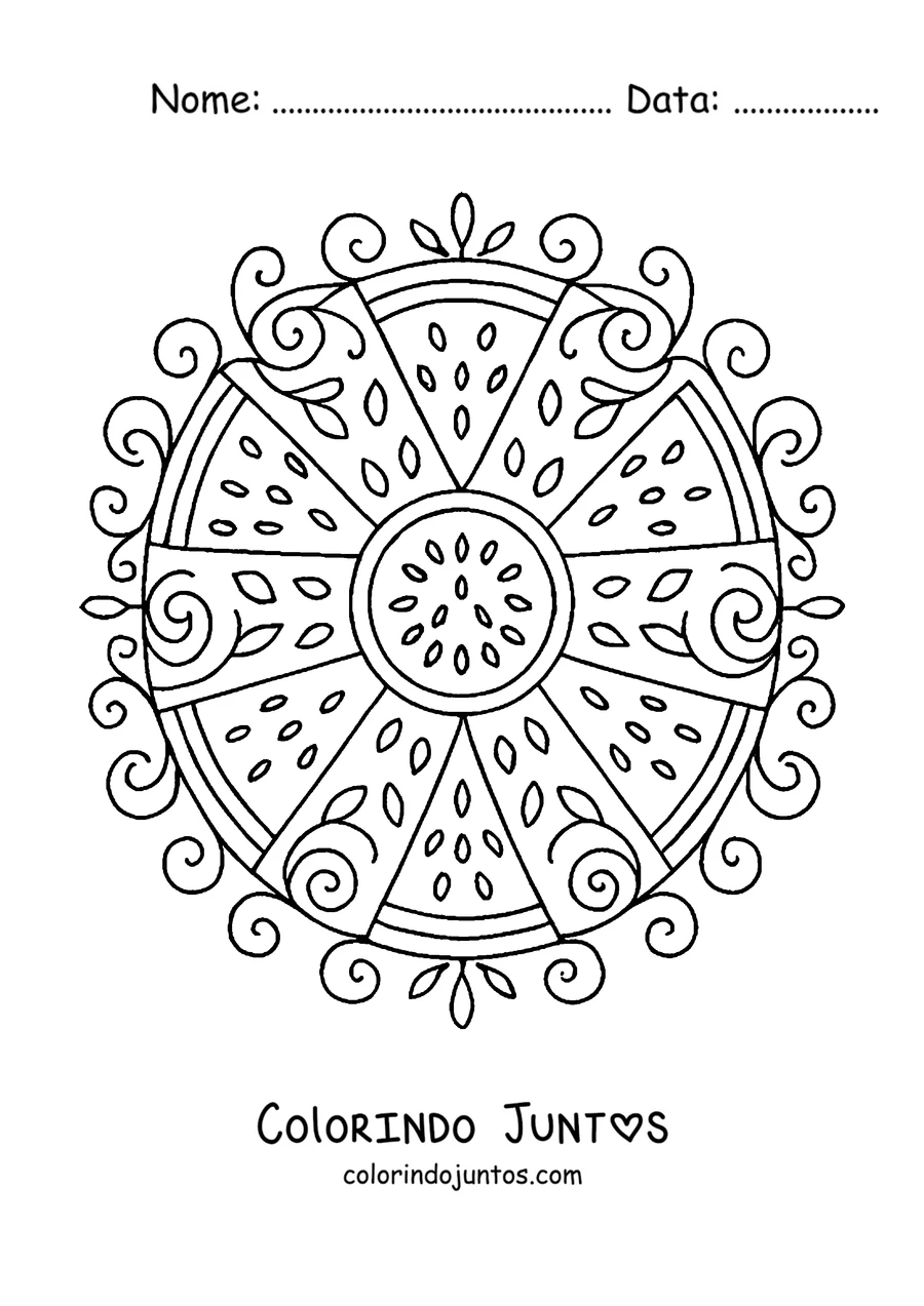 Desenho para colorir de uma mandala de verão com fatias de melancia em círculo
