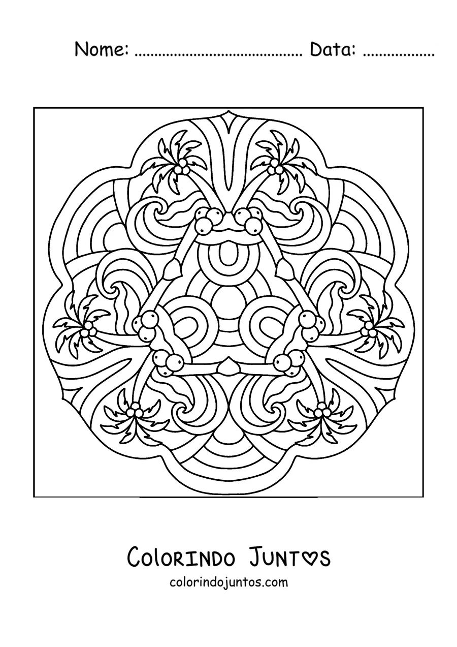 Desenho para colorir de uma mandala de verão com palmeiras, cocos e ondas