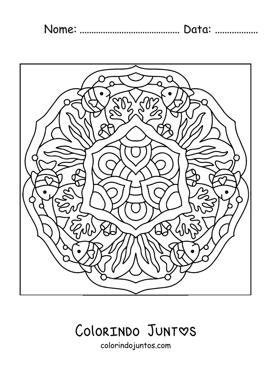 Desenho para colorir de uma mandala de verão com peixes tropicais e corais
