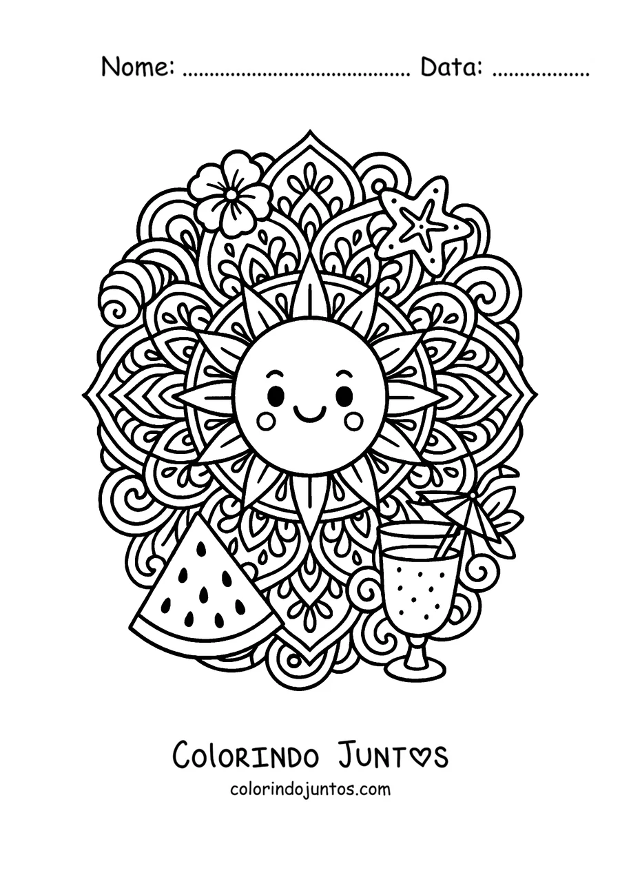 Desenho para colorir de uma mandala de verão com um sol sorridente, melancia, flor e estrela-do-mar