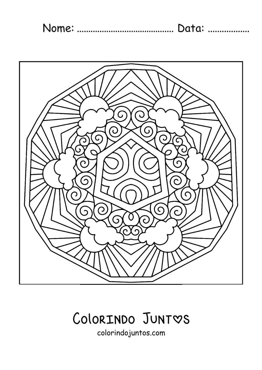 Desenho para colorir de uma mandala de verão com um sol de raios longos e nuvens