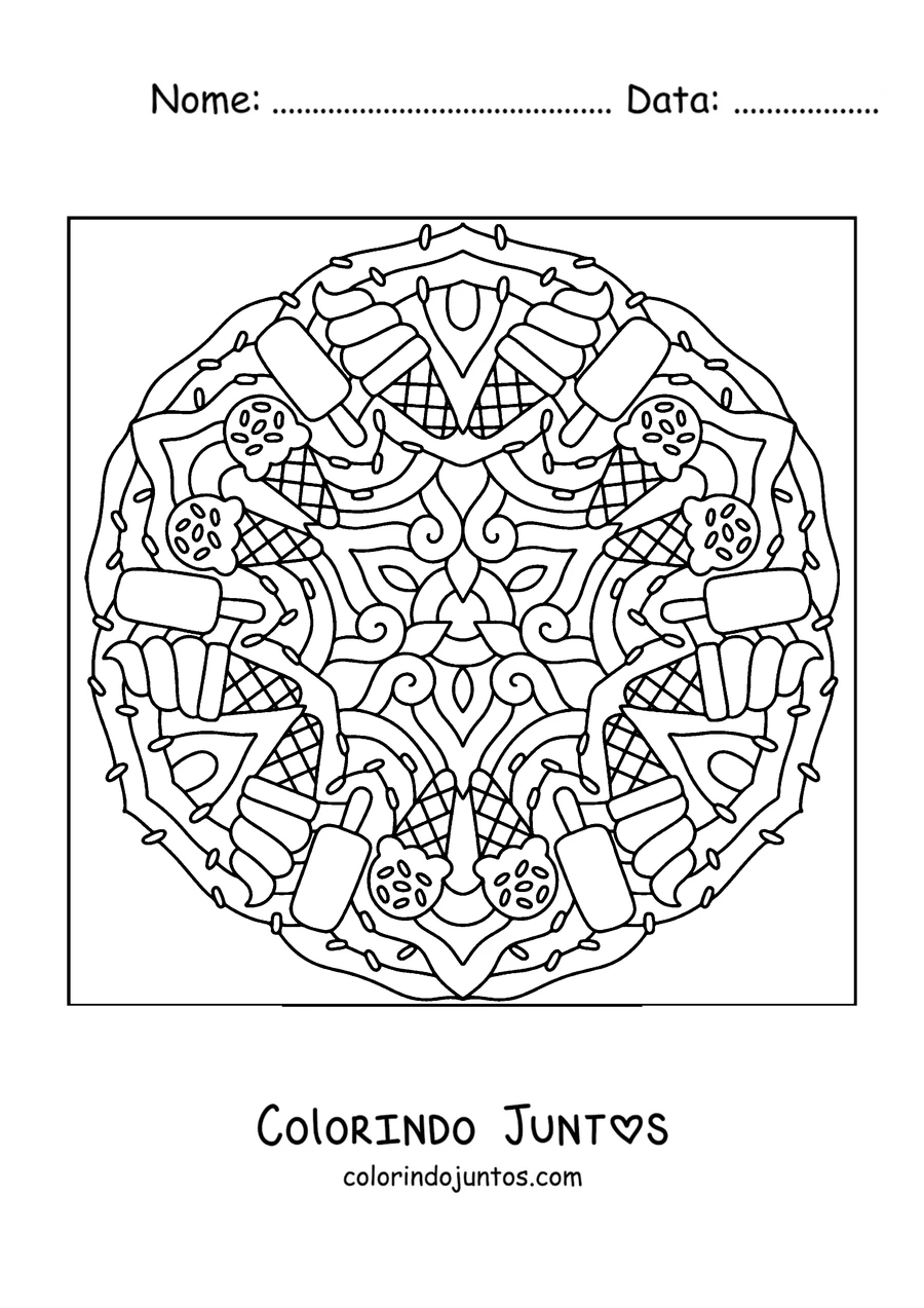 Desenho para colorir de uma mandala de verão feita com casquinhas de sorvete e picolés