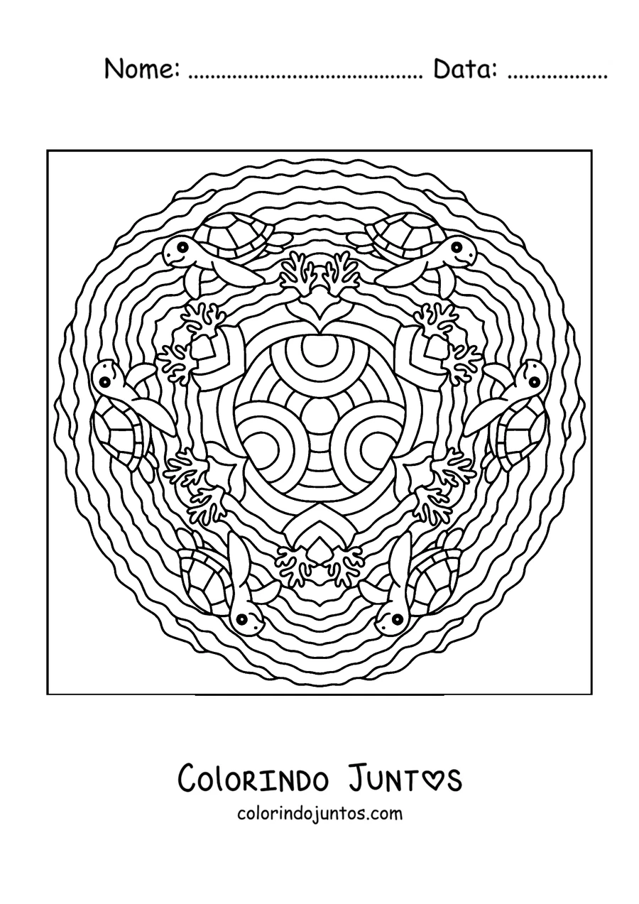 Desenho para colorir de uma mandala de verão com tartarugas marinhas e corais