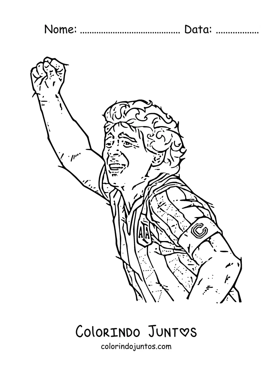Desenho para colorir do Maradona comemorando um gol com o punho erguido