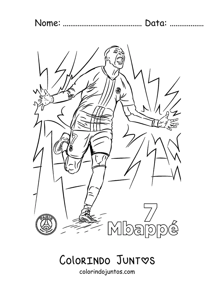Desenho para colorir do Mbappé comemorando um gol com a camisa número 7 do PSG