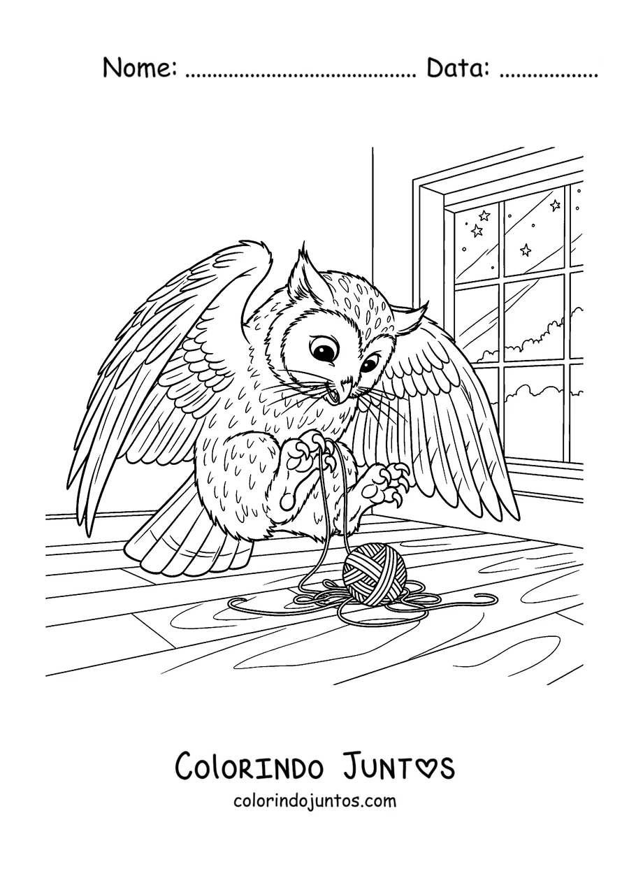 Desenho para colorir de um Meowl brincando com um novelo de lã
