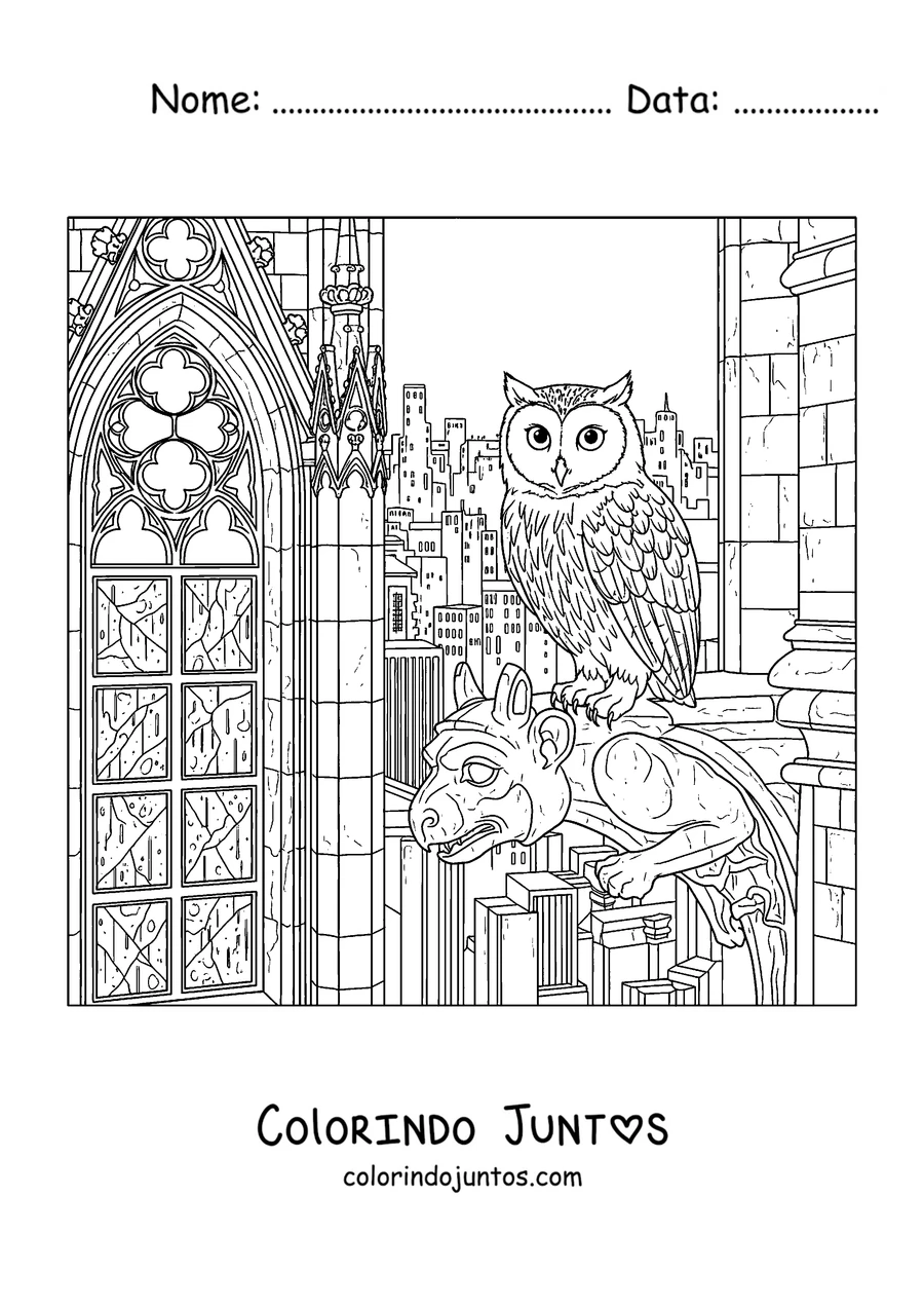 Desenho para colorir de um Meowl ao lado de um vitral gótico