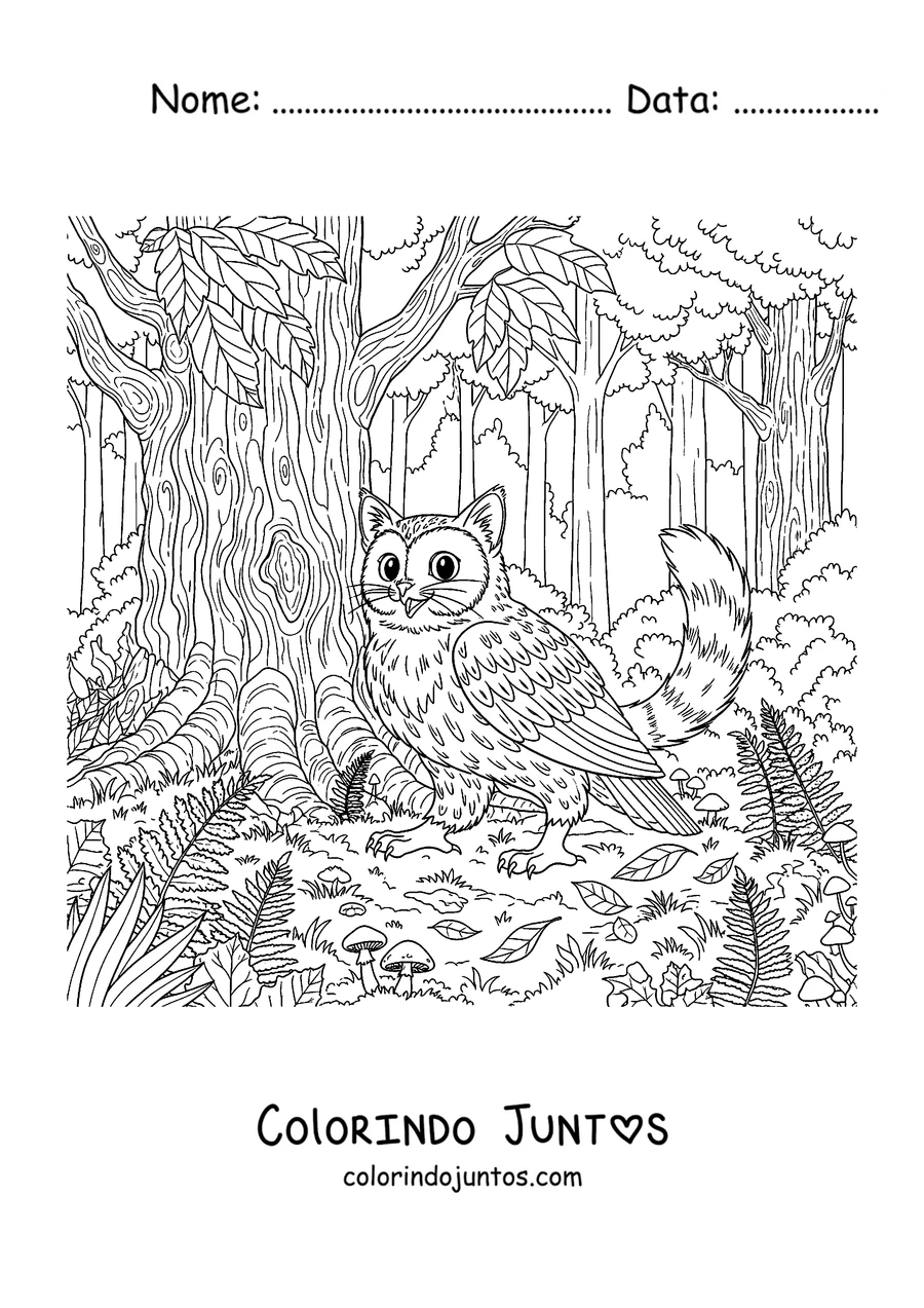 Desenho para colorir de um Meowl na floresta entre as árvores