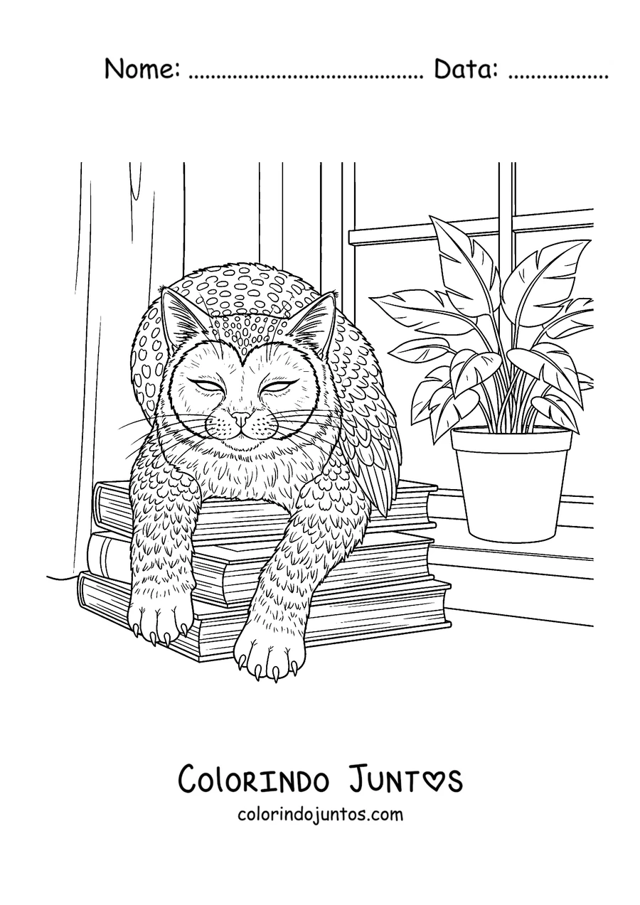 Desenho para colorir de um Meowl descansando sobre uma pilha de livros