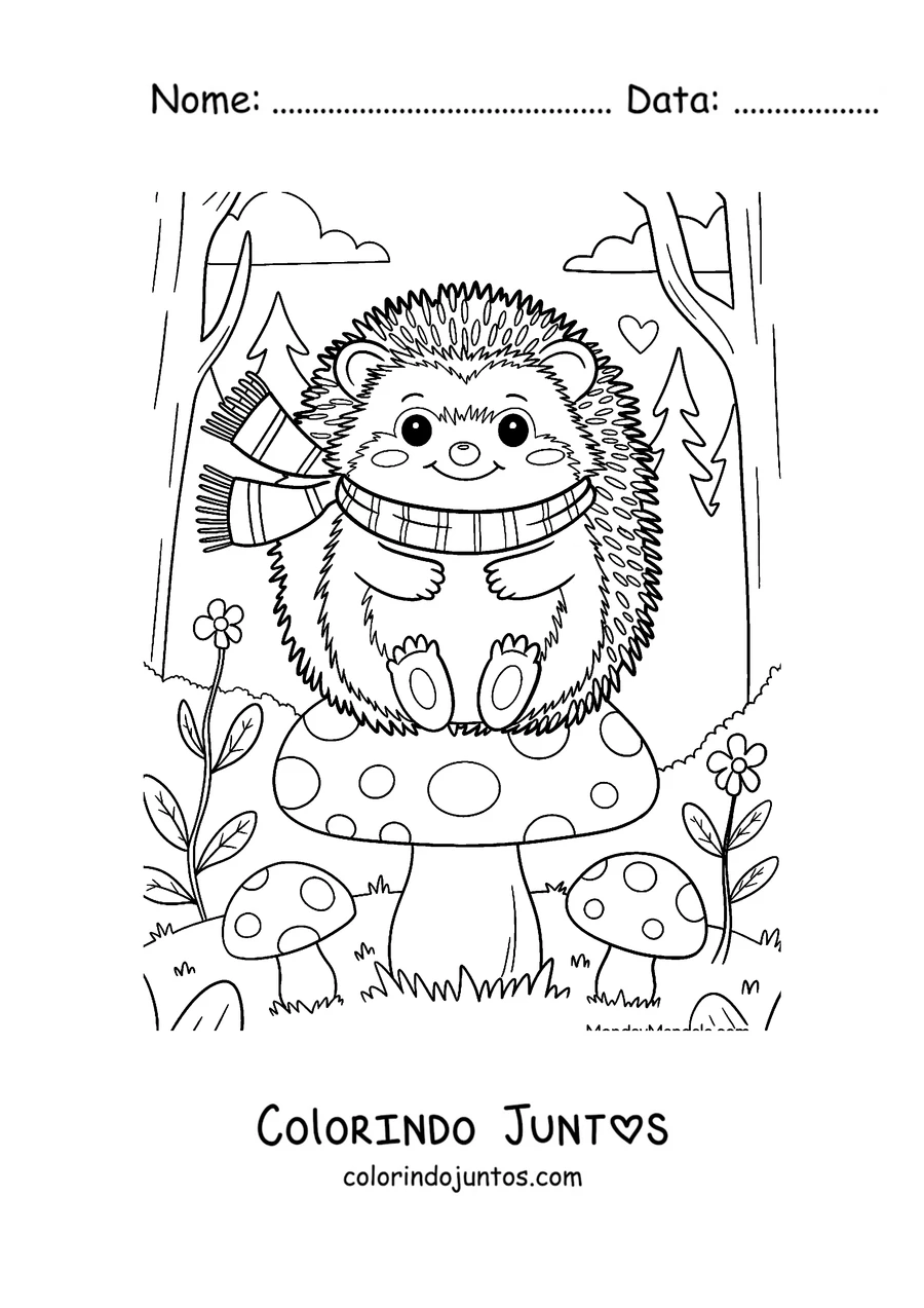 Desenho para colorir de um ouriço de cachecol entre os cogumelos