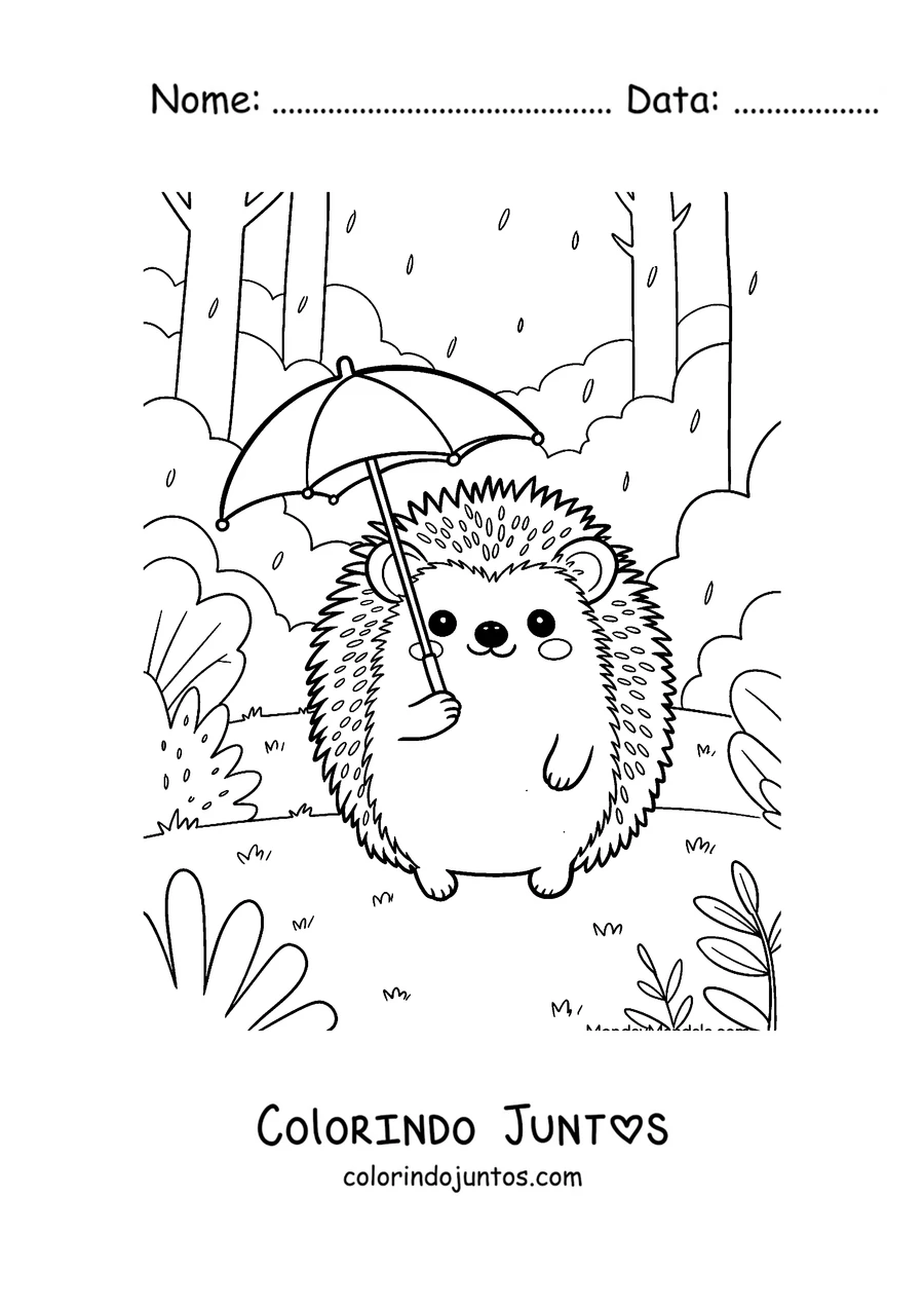 Desenho para colorir de um ouriço com guarda-chuva na chuva