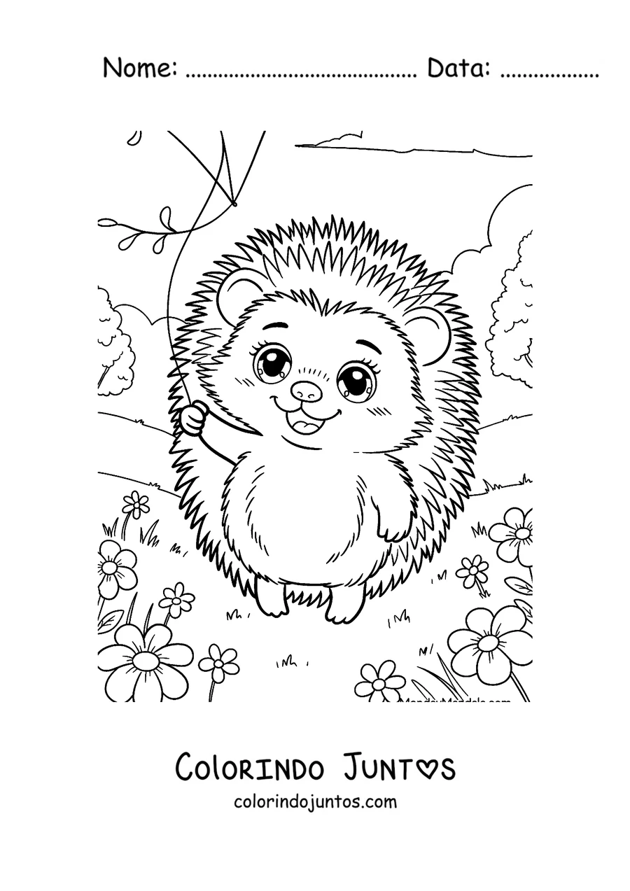 Desenho para colorir de um ouriço segurando um morango