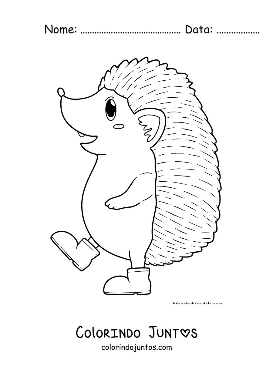 Desenho para colorir de um ouriço caminhando sobre duas patas de botas