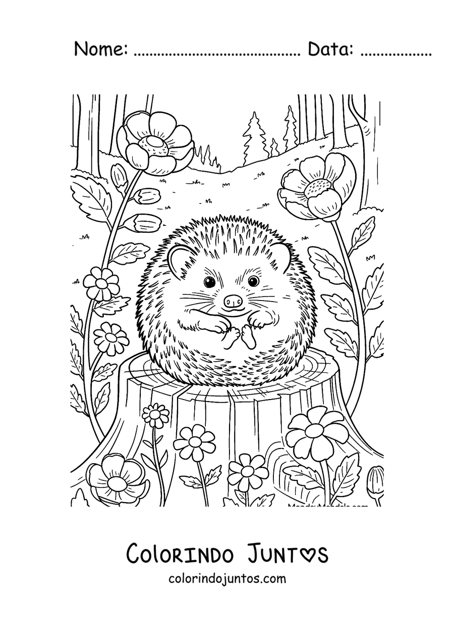 Desenho para colorir de um ouriço enrolado numa bola sobre um tronco