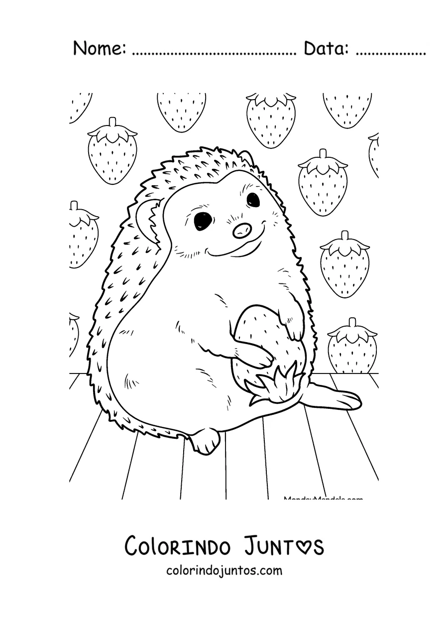 Desenho para colorir de um ouriço com um galho entre as bolotas