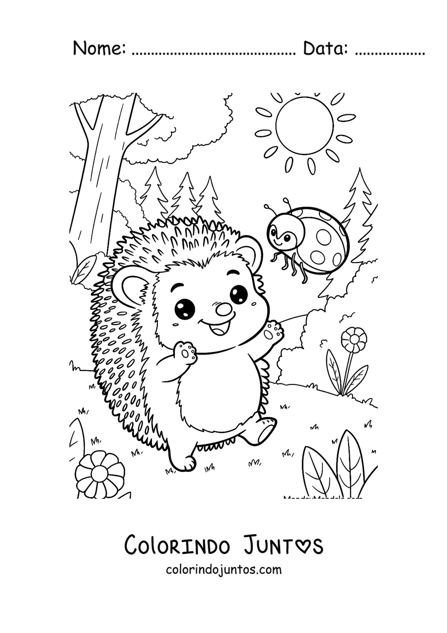 Desenho para colorir de um ouriço bebê brincando com uma joaninha
