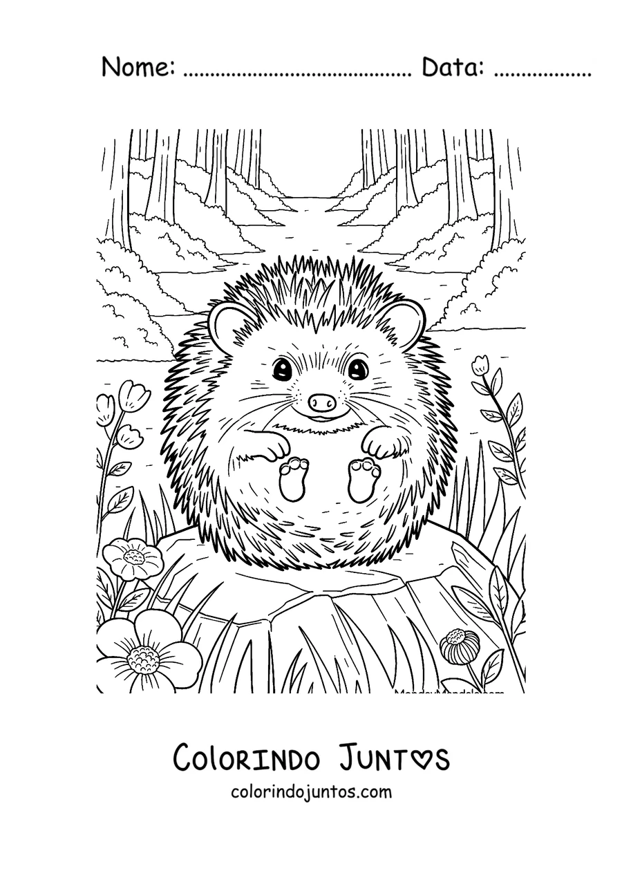 Desenho para colorir de um ouriço sentado num tronco da floresta