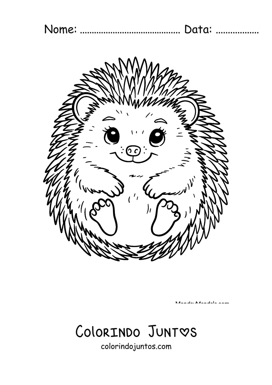 Desenho para colorir de um ouriço sorridente sentado de frente