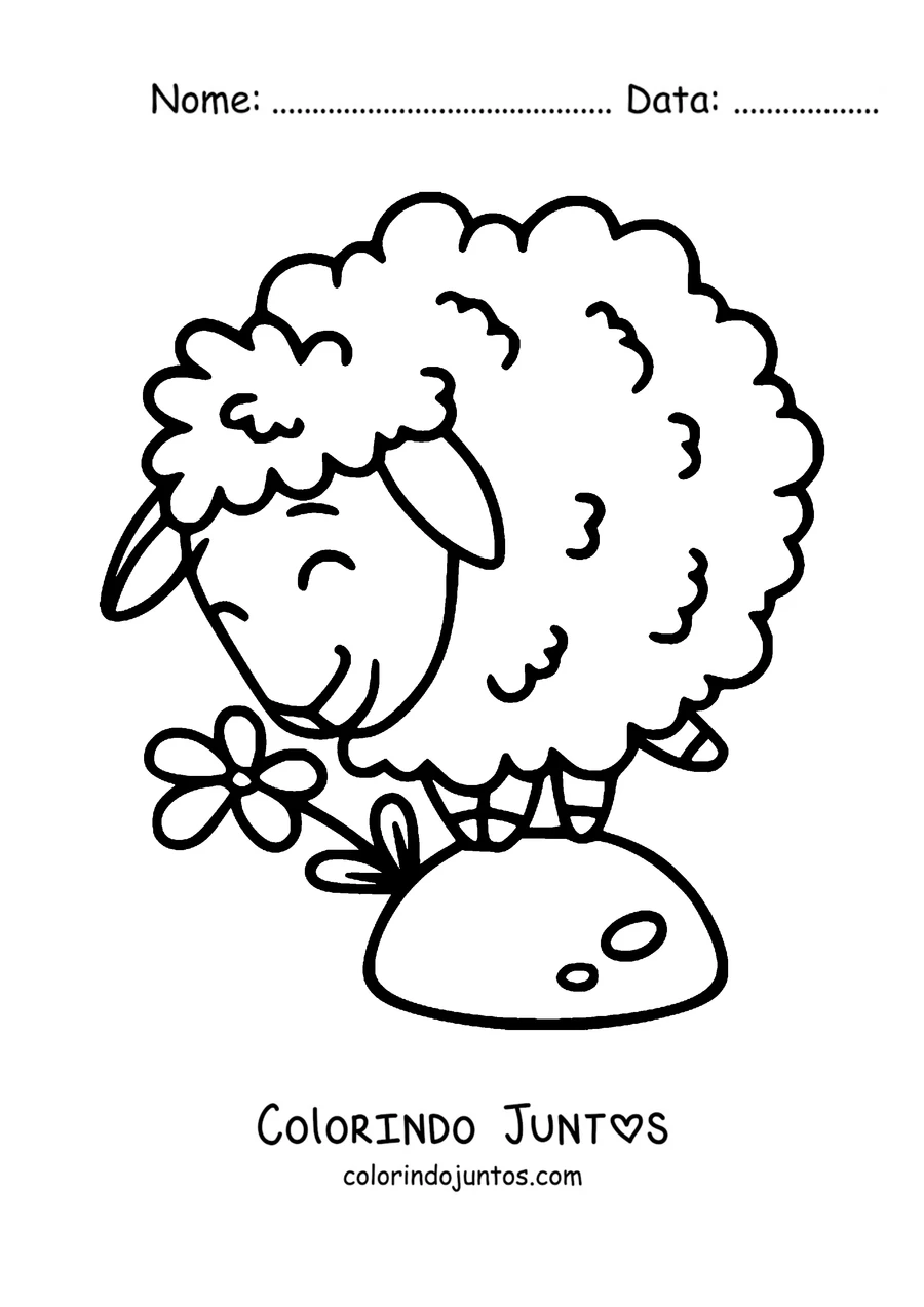 Desenho para colorir de ovelha cheirando uma flor