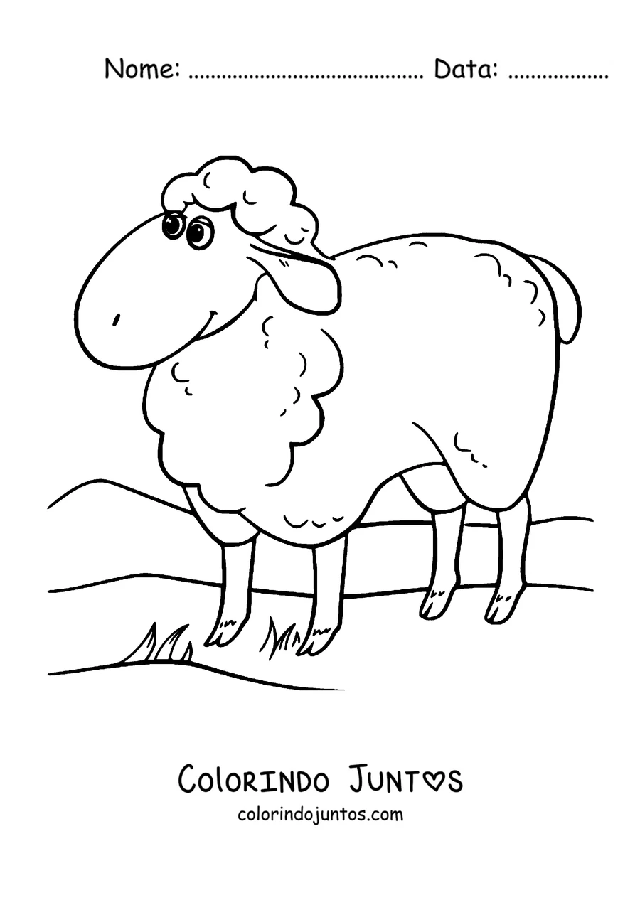 Desenho para colorir de ovelha parada na colina