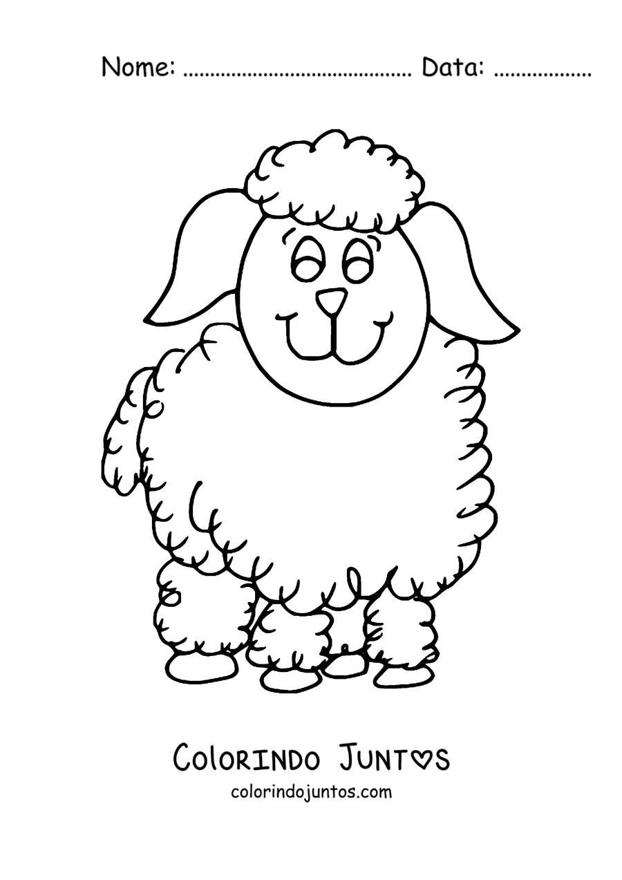 Desenho para colorir de ovelha lanosa sorridente de perfil