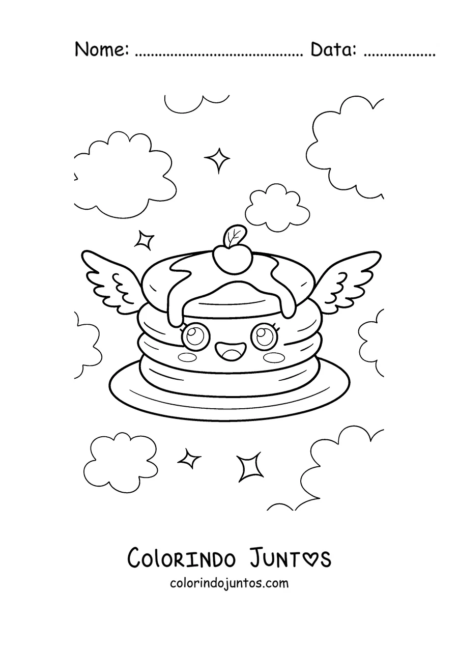Desenho para colorir de uma panqueca com asas voando nas nuvens