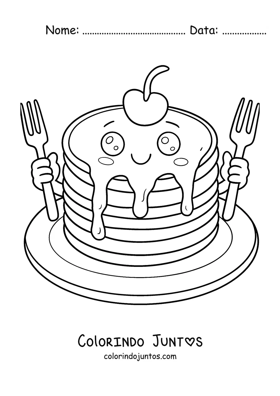 Desenho para colorir de uma panqueca sorridente com uma cereja em cima