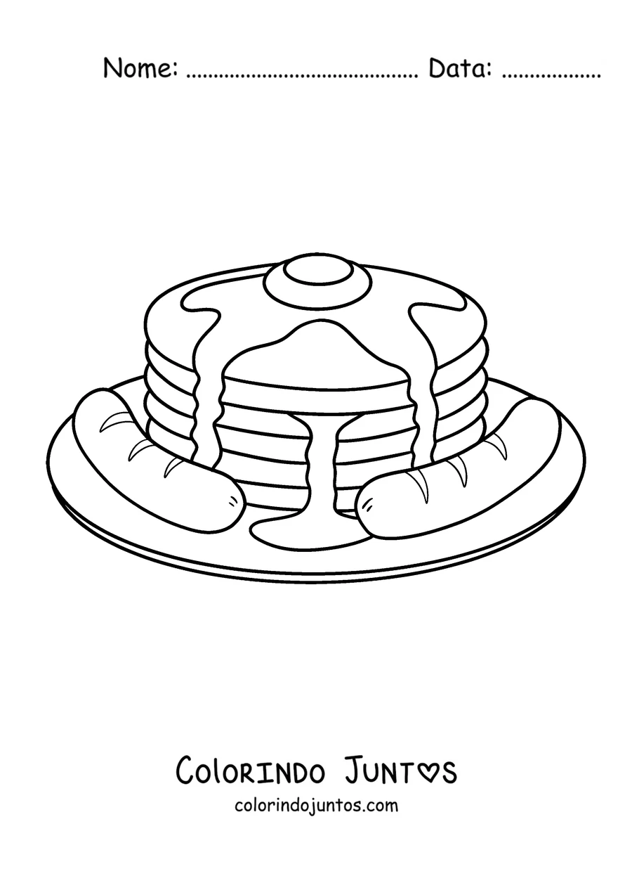 Desenho para colorir de panquecas com calda servidas num prato