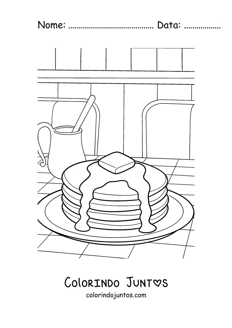 Desenho para colorir de uma pilha de panquecas com manteiga e calda