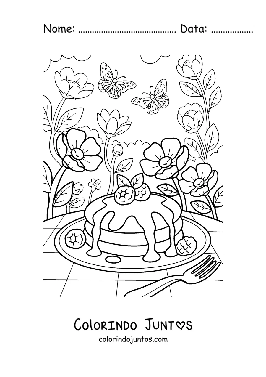 Desenho para colorir de panquecas com morangos num jardim com borboletas