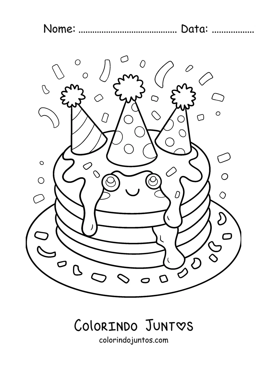 Desenho para colorir de panquecas de aniversário com chapéus de festa e confete