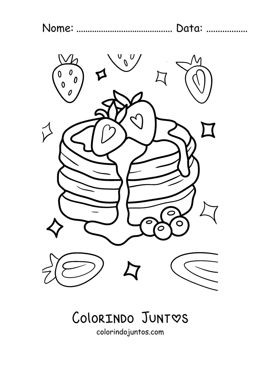 Desenho para colorir de panquecas fofinhas com morangos e mirtilos