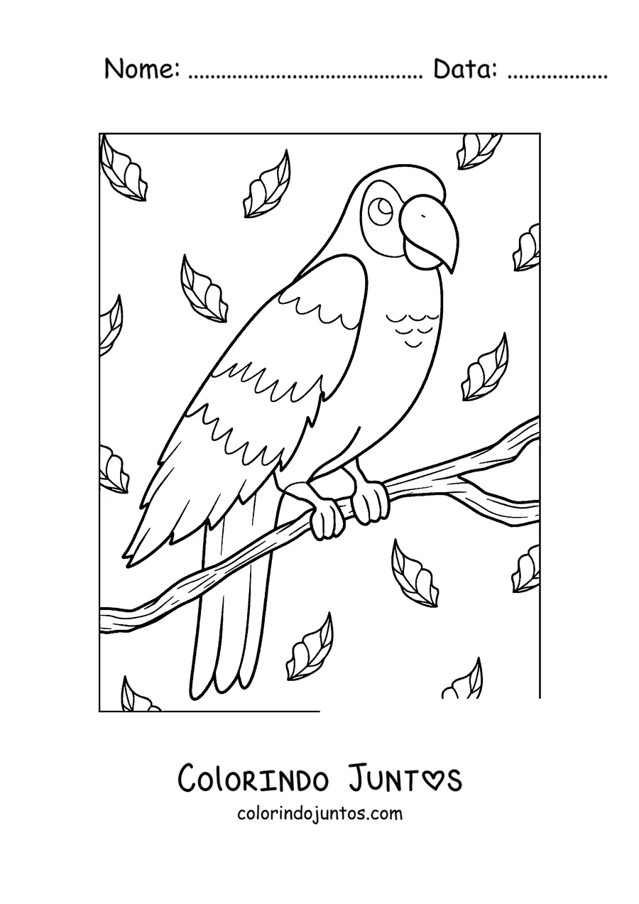 Desenho para colorir de um papagaio pousado entre as folhas