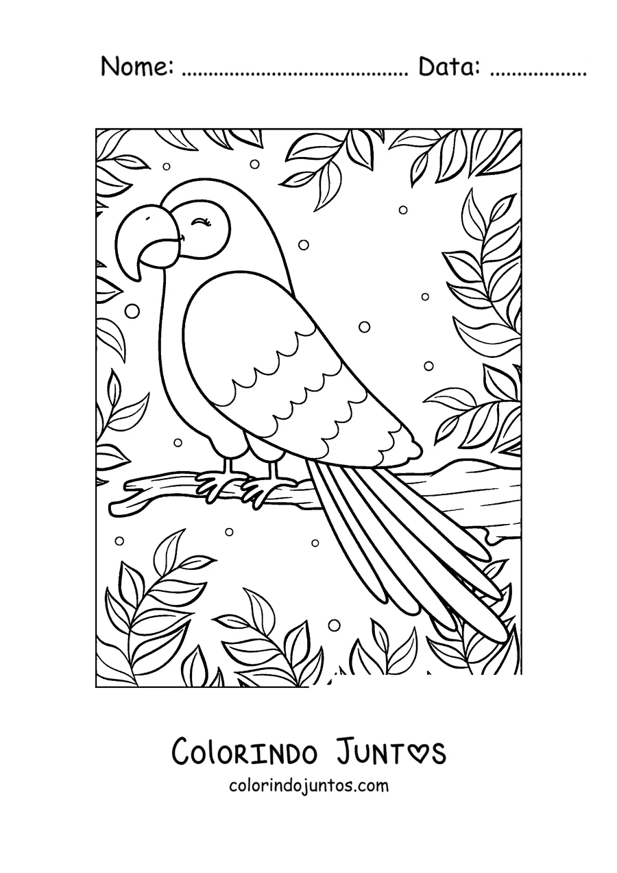 Desenho para colorir de um papagaio sorridente pousado entre folhas