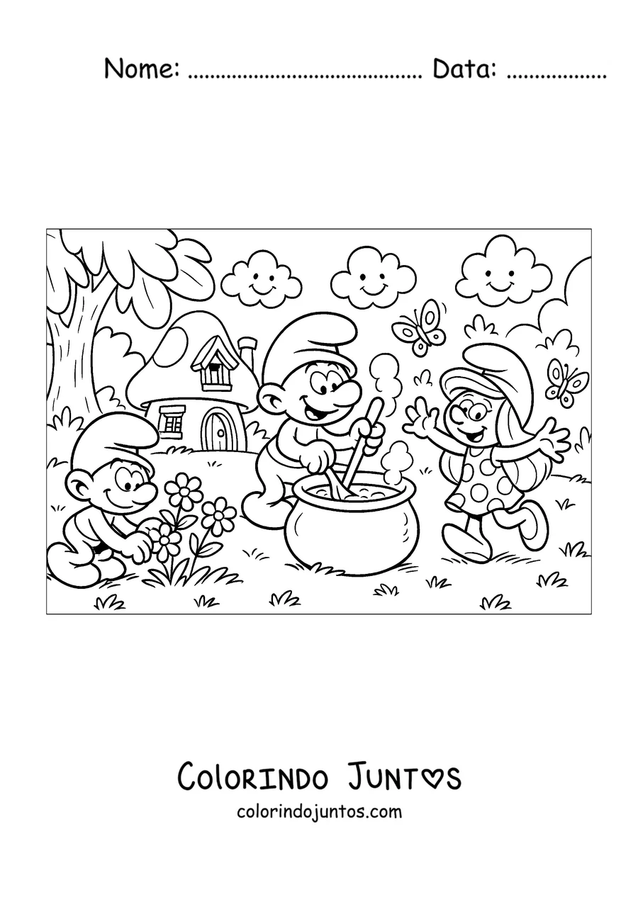 Desenho para colorir do Papai Smurf preparando uma poção no caldeirão