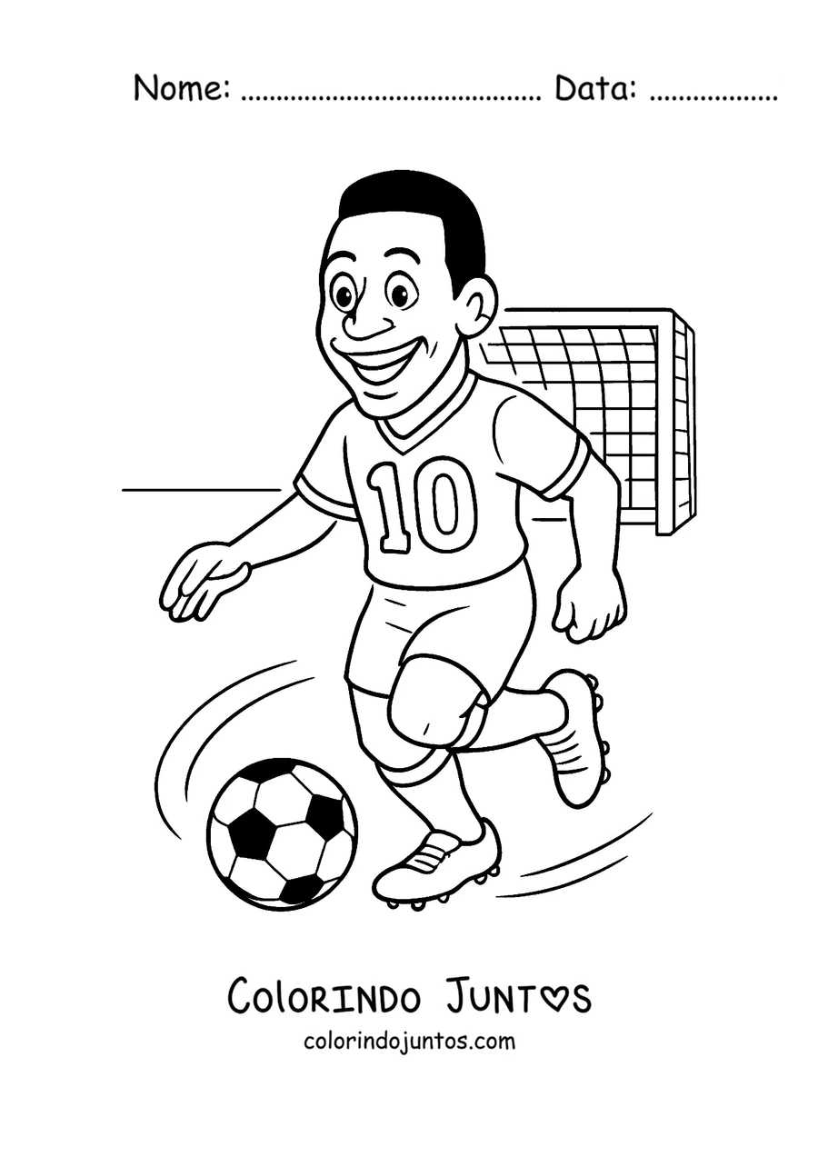 Desenho para colorir do Pelé em desenho correndo com a bola até o gol