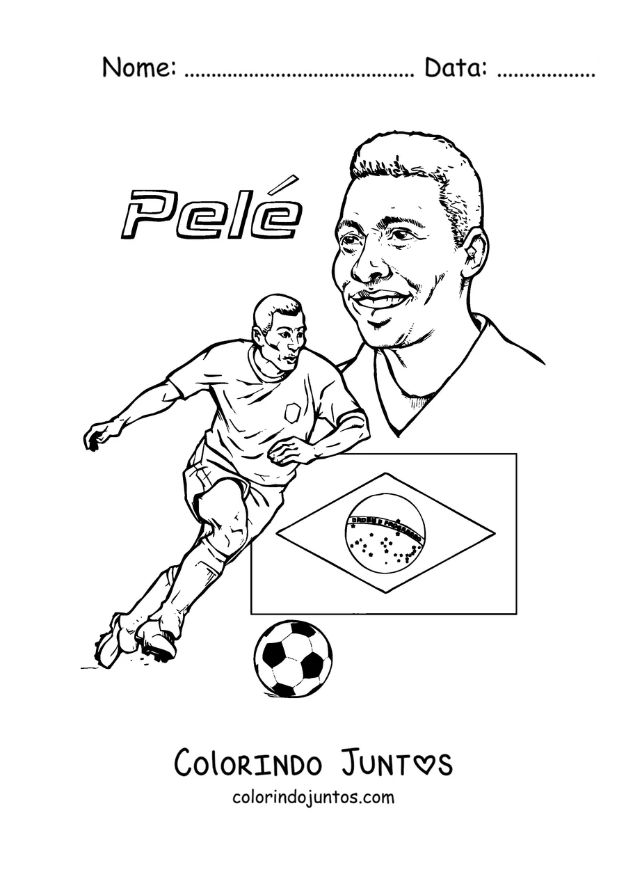 Desenho para colorir do Pelé driblando com a bandeira do Brasil