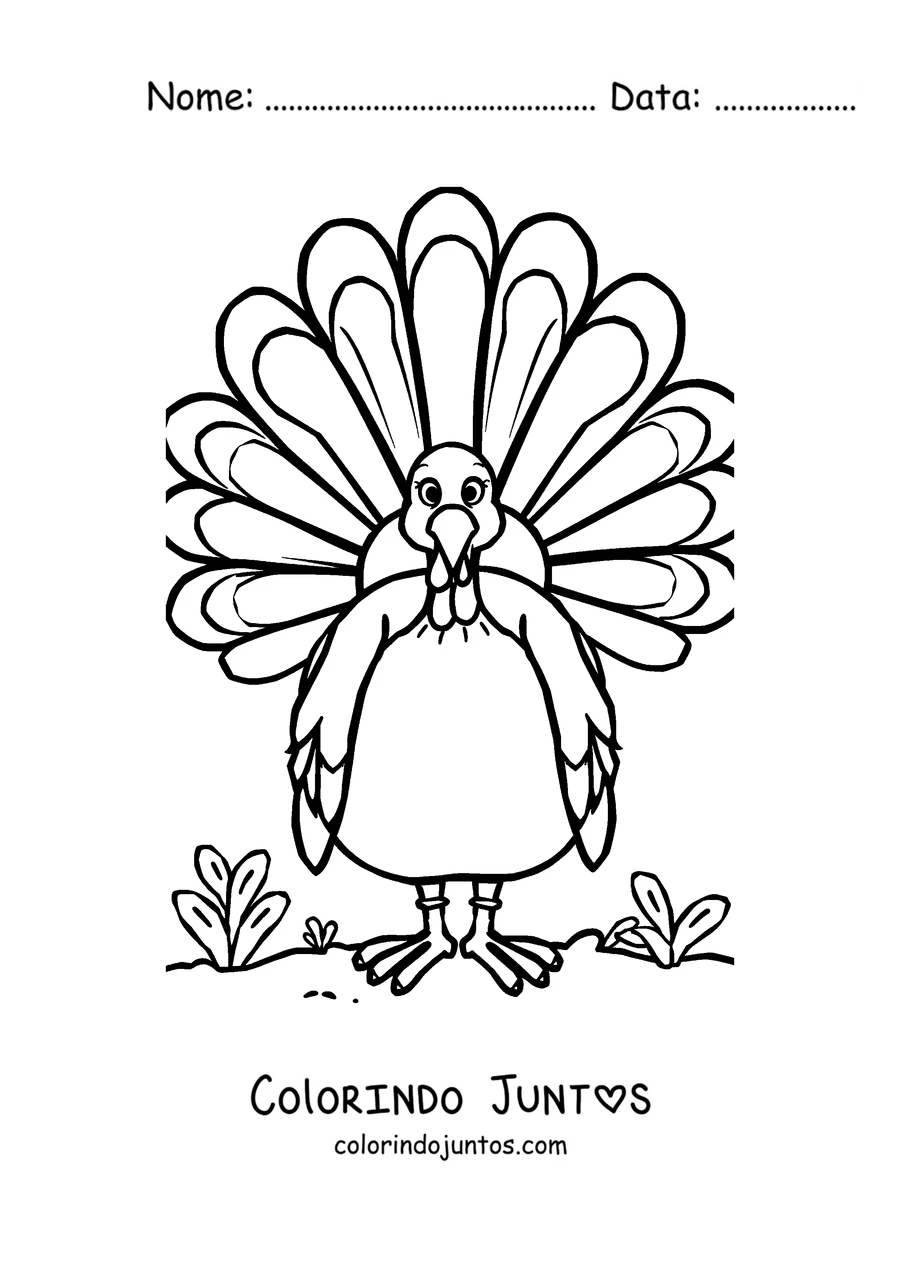 Desenho para colorir de um peru com a cauda de penas bem aberta