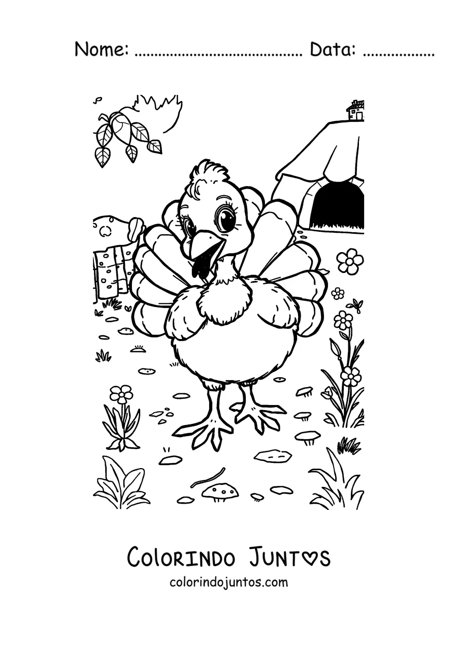 Desenho para colorir de um peru feliz passeando pelo campo