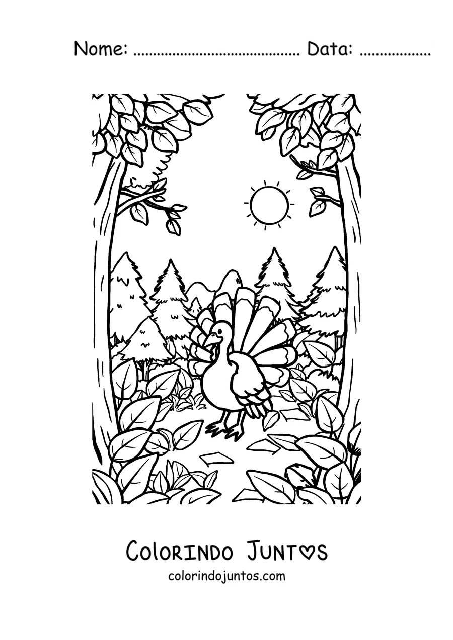 Desenho para colorir de um peru na floresta no outono