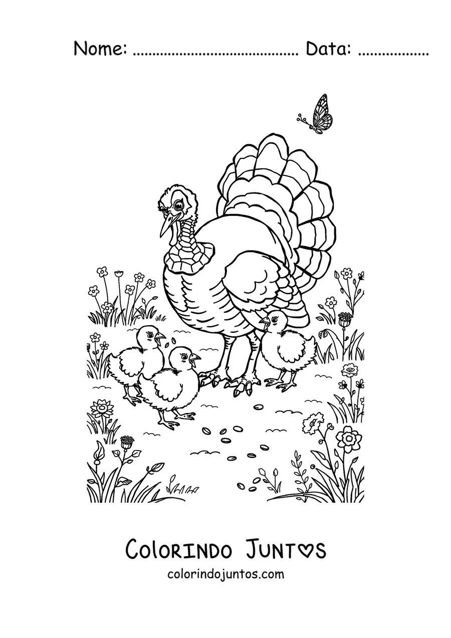 Desenho para colorir de um peru rodeado de folhas de outono