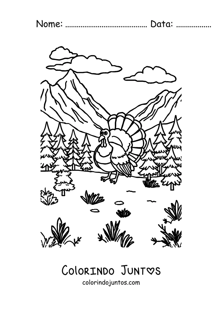 Desenho para colorir de um peru em uma paisagem de montanha