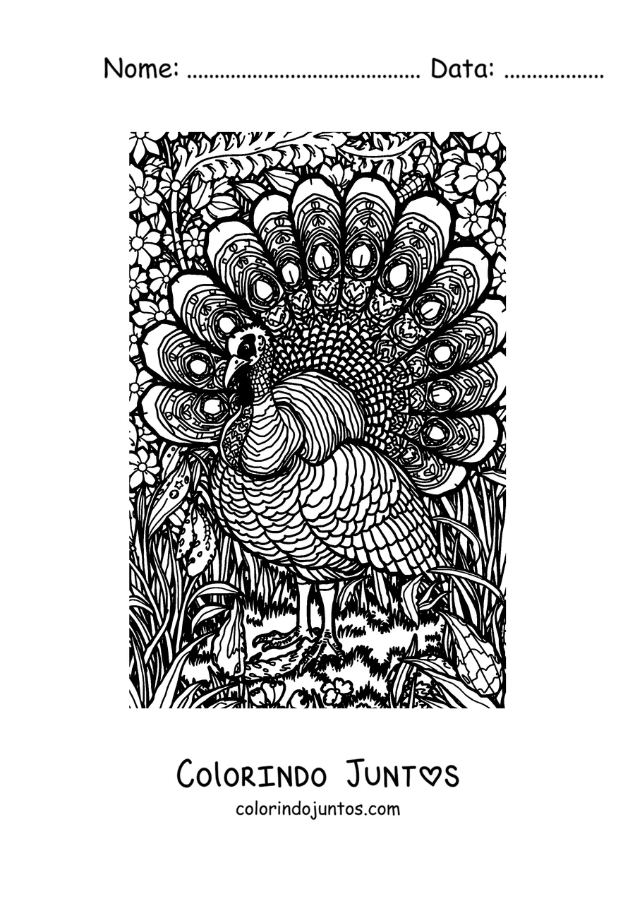 Desenho para colorir de um peru com as penas cheias de desenhos