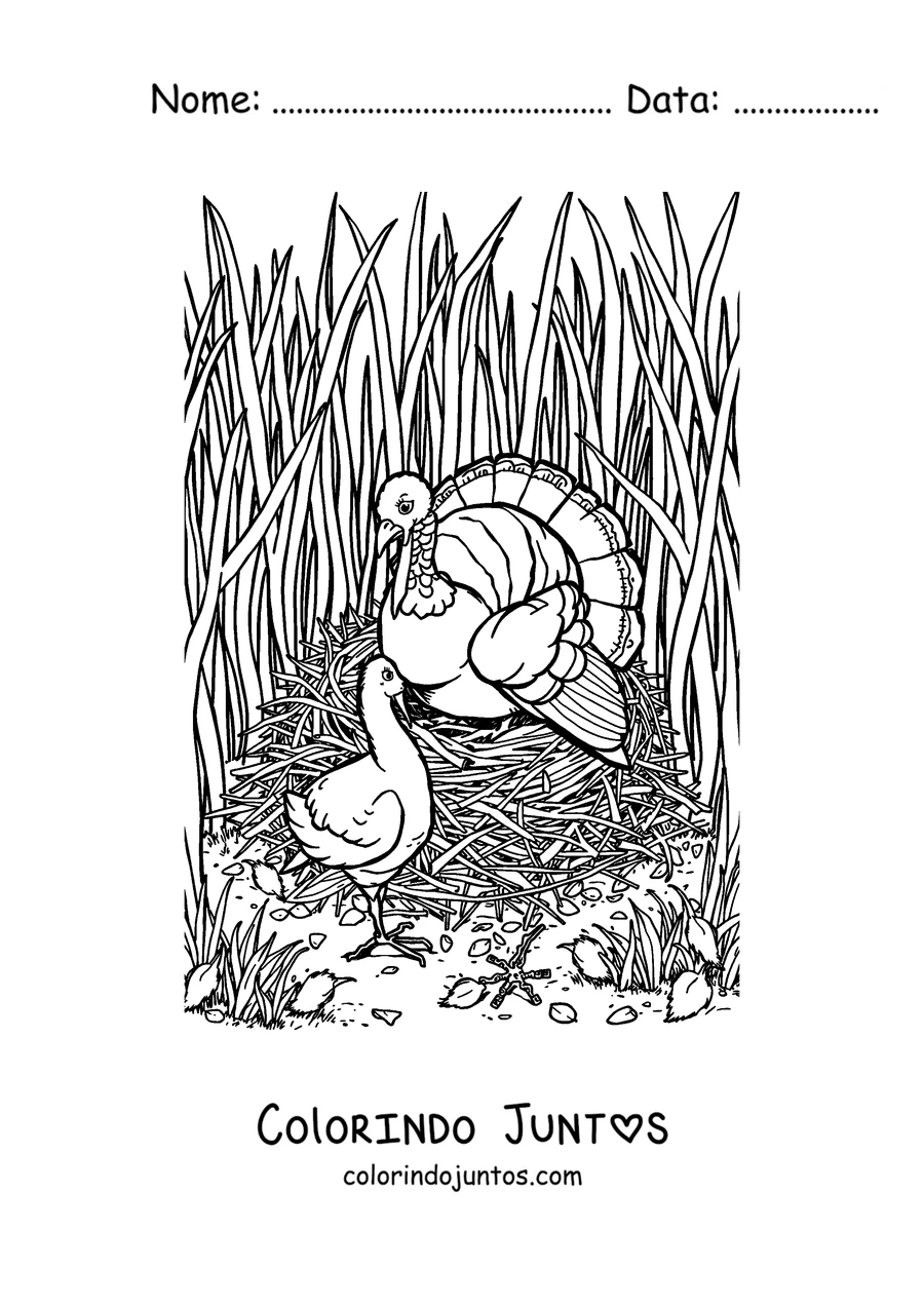 Desenho para colorir de um peru realista caminhando pela grama