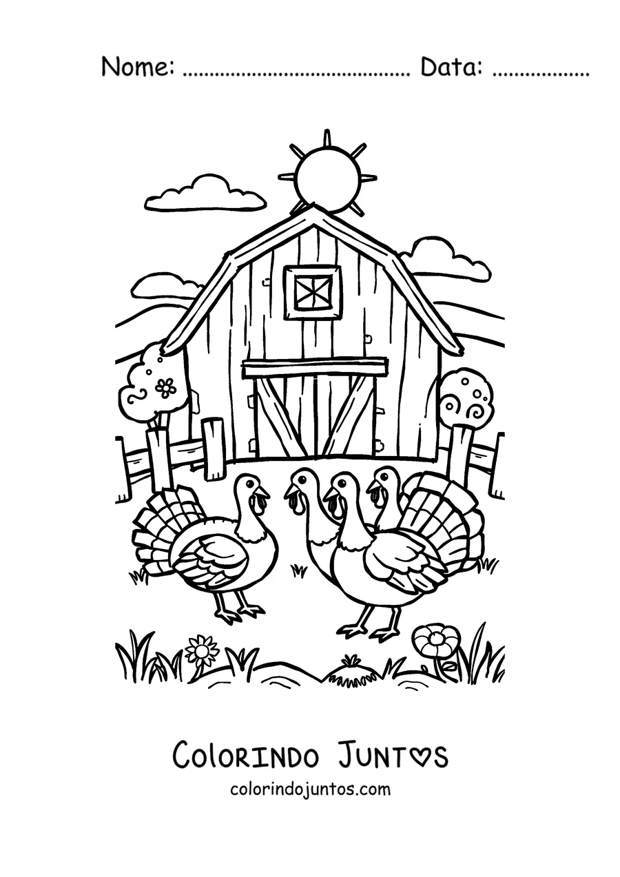Desenho para colorir de dois perus em frente ao celeiro