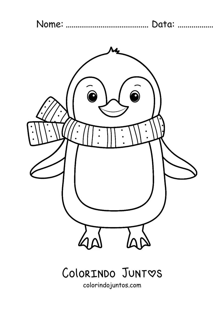 Desenho para colorir de um pinguim de pé com cachecol