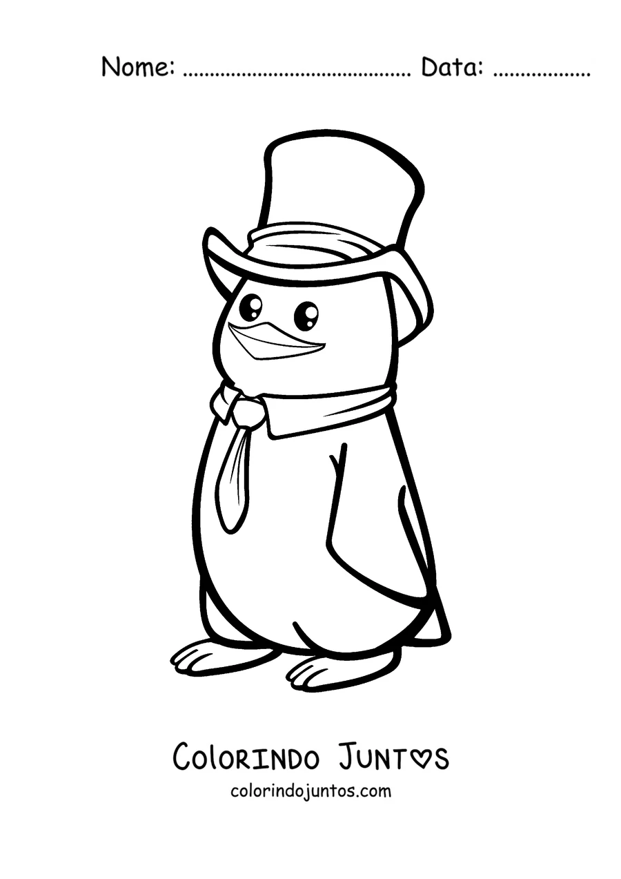 Desenho para colorir de um pinguim de cartola e gravata