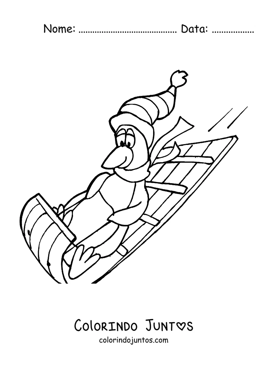 Desenho para colorir de um pinguim descendo de trenó