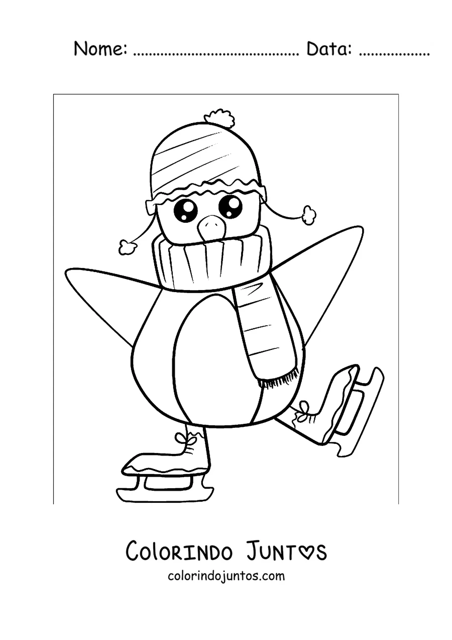 Desenho para colorir de um pinguim patinando no gelo