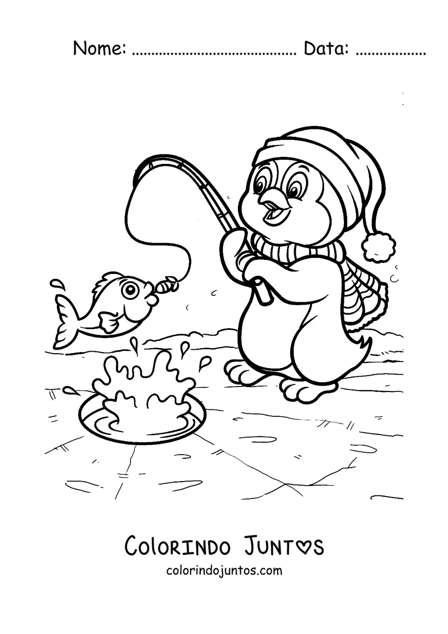 Desenho para colorir de um pinguim pescando no gelo